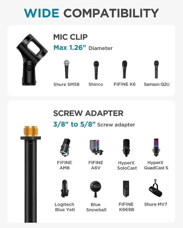Alt view image 7 of 7 - Mic Stand Desk Boom Arm Microphone Stand for Blue Yeti Kick Drums for Shure Fifine Guitar Amps, 4.4lb Weight Capacity, Arm Swivel Sideways, Stable, Extendable, Adjustable, Cable Clip Included