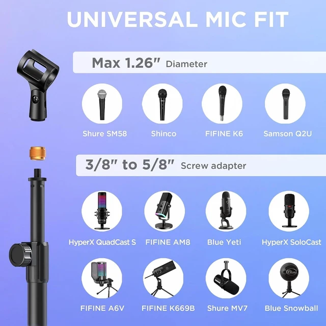 Alt view image 2 of 7 - Desktop Microphone Stand Holder Mic Stand Desk Mount for Fifine for Shure Blue Yeti, All-Metal Construction, Weighted Iron Base, Height Adjustable, 3.3lb Weight Capacity