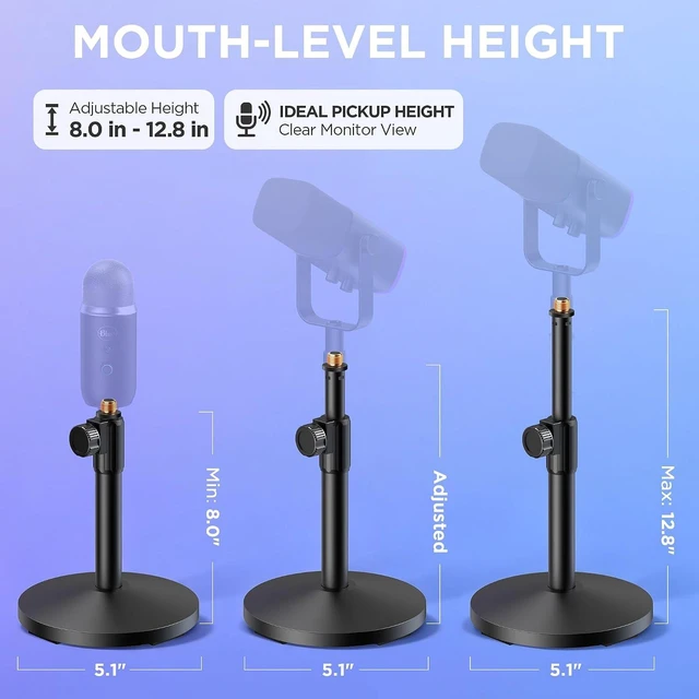 Alt view image 7 of 7 - Desktop Microphone Stand Holder Mic Stand Desk Mount for Fifine for Shure Blue Yeti, All-Metal Construction, Weighted Iron Base, Height Adjustable, 3.3lb Weight Capacity