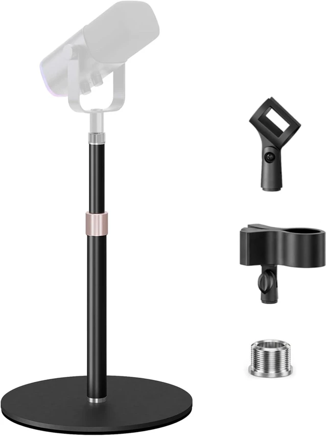 Main image of Desktop Microphone Stand for Podcast Recording 9-16.5 Height Adjustable Mic Stand for Desk with 1.3 lb Weighted Base, Universal 3/8 to 5/8" Adapter and 2 Clips