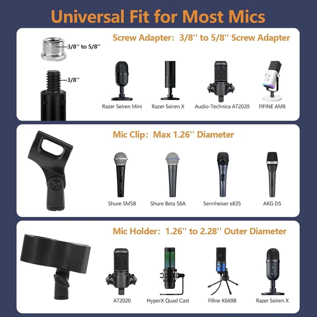 Alt view image 7 of 7 - Desktop Microphone Stand for Podcast Recording 9-16.5 Height Adjustable Mic Stand for Desk with 1.3 lb Weighted Base, Universal 3/8 to 5/8" Adapter and 2 Clips