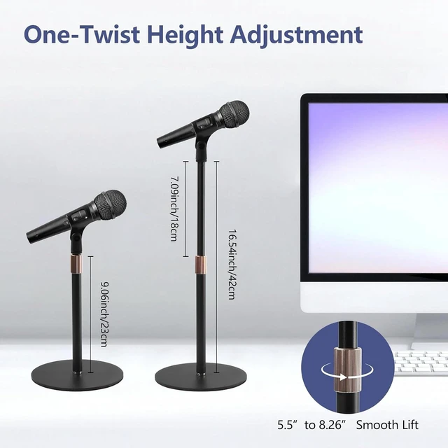 Alt view image 2 of 7 - Desktop Microphone Stand for Podcast Recording 9-16.5 Height Adjustable Mic Stand for Desk with 1.3 lb Weighted Base, Universal 3/8 to 5/8" Adapter and 2 Clips