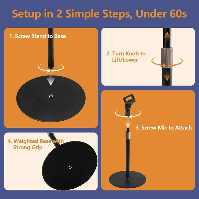 Alt view image 3 of 7 - Desktop Microphone Stand for Podcast Recording 9-16.5 Height Adjustable Mic Stand for Desk with 1.3 lb Weighted Base, Universal 3/8 to 5/8" Adapter and 2 Clips
