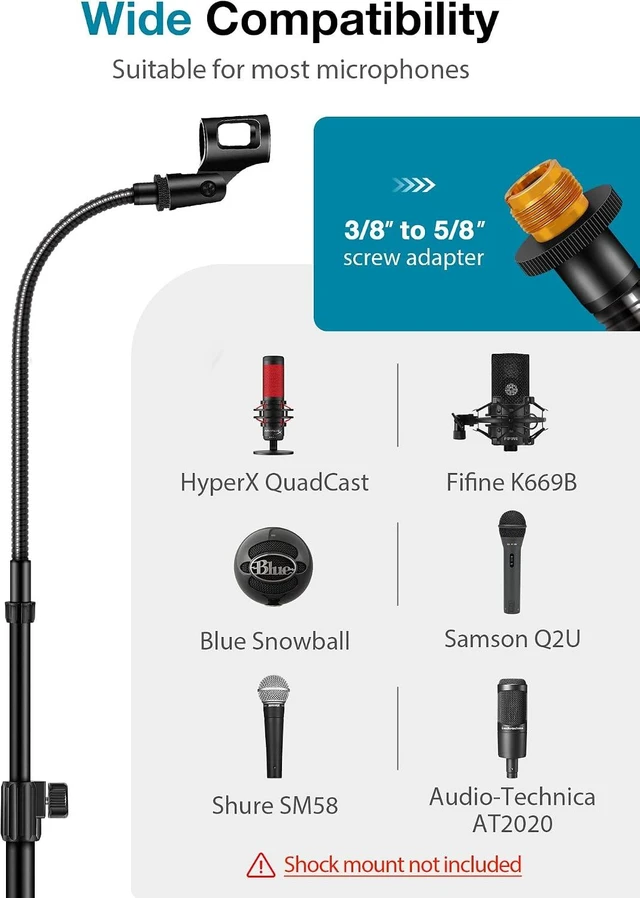 Alt view image 2 of 7 - Microphone Stand Floor 32" to 70" Gooseneck Mic Stand for Singing Max Height 70", Stable Base, Flexible Angle, Easy to Transport, Adjustable Gooseneck, Fit Blue Yeti, For Sitting or Standing