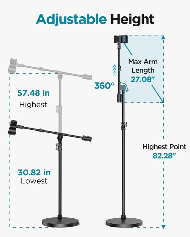 Alt view image 4 of 7 - Mic Stand Floor Max Height 82.28" Microphone Stand Holder Boom Arm for Blue Yeti Shure Fifine HyperX, Extendable, Seated to Standing, Stable, For Any Recording Setup, Mini Height 30.82"