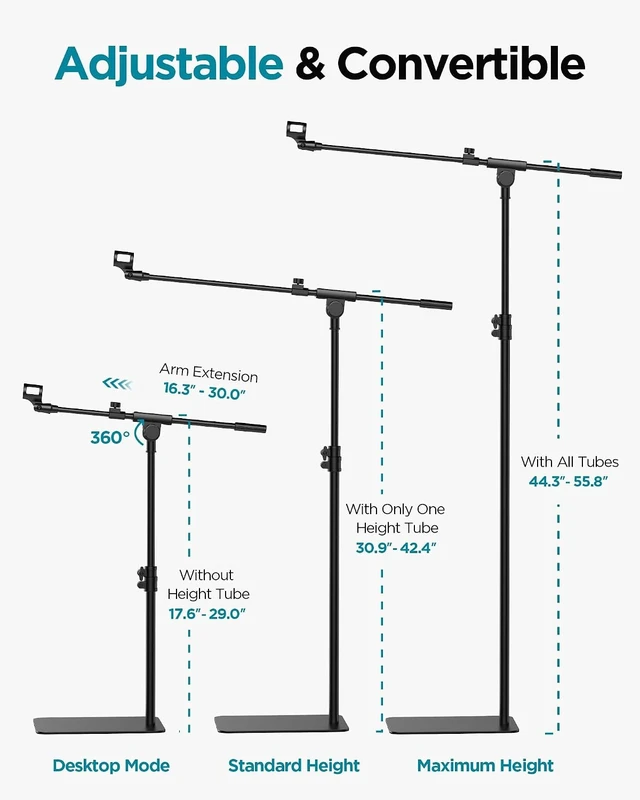 Alt view image 7 of 7 - Mic Stand Floor Microphone Stand with Boom Arm for Singing for Pedal Board, Adjustable, Detachable, Portable, Stable Base, Work with Blue Yeti Shure SM58 Samson Q2U Fifine K669B