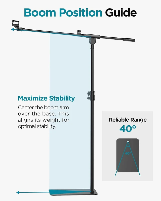 Alt view image 5 of 7 - Mic Stand Floor Microphone Stand with Boom Arm for Singing for Pedal Board, Adjustable, Detachable, Portable, Stable Base, Work with Blue Yeti Shure SM58 Samson Q2U Fifine K669B