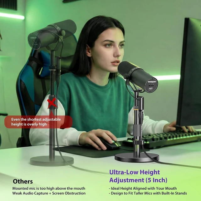Alt view image 4 of 6 - Short Mic Stand Desk, Ultra Low 5 Inch Adjustable 6.6lbs Load Capacity, Metal Desktop Microphone Stand Table for Shure SM7B SM7dB MV7+ MV7X MV6, Fifine Yeti Rode PodMic MAONO
