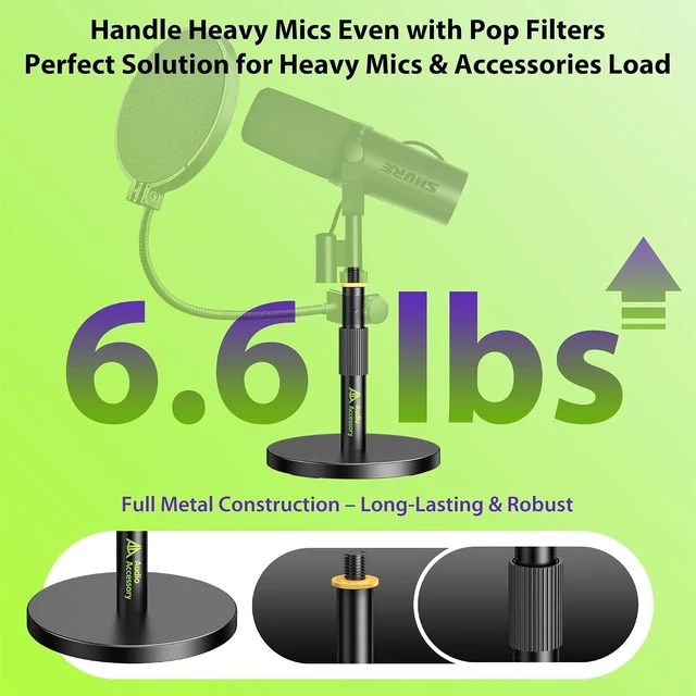 Alt view image 2 of 6 - Short Mic Stand Desk, Ultra Low 5 Inch Adjustable 6.6lbs Load Capacity, Metal Desktop Microphone Stand Table for Shure SM7B SM7dB MV7+ MV7X MV6, Fifine Yeti Rode PodMic MAONO