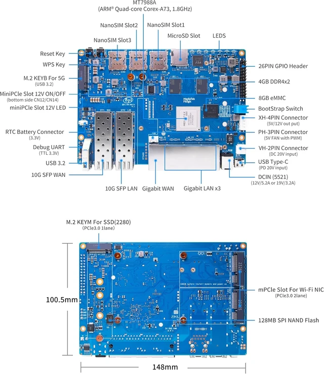 Alt view image 4 of 7 - BPI-R4 Wi-Fi 7 Wireless Dual-Band WiFi OpenWRT Router Board, with MediaTek MT7988A (Filogic 880) SoC, Support 2X 10GbE SFP and 4X GbE Gigabit Ethernet for NAS Smart Home Gateway