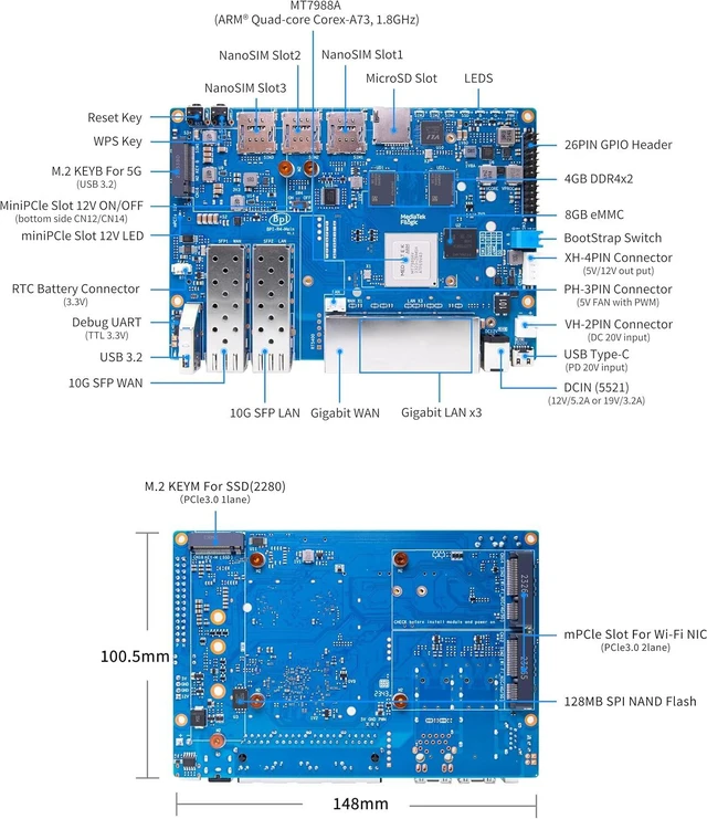 Alt view image 6 of 7 - BPI-R4 WiFi 7 Wireless Dual-Band WiFi Router Board OpenWRT, with MediaTek MT7988A (Filogic 880) SoC, Support 2X 10GbE SFP and 4X GbE Gigabit Ethernet for NAS Smart Home Gateway (Bundle2)