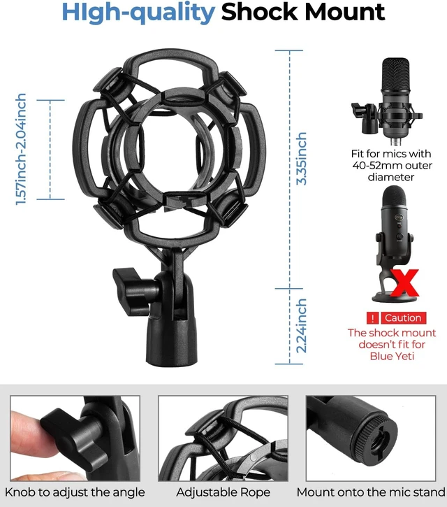 Alt view image 6 of 7 - Versatile Desktop Microphone Stand, Mic Stand Kit for Desk 1.5lbs Weighted Base, Height adjustable, With Pop Filter, Shock Mount, Mic Clip, 5/8" to 3/8" Adapter, For Recording & Studio