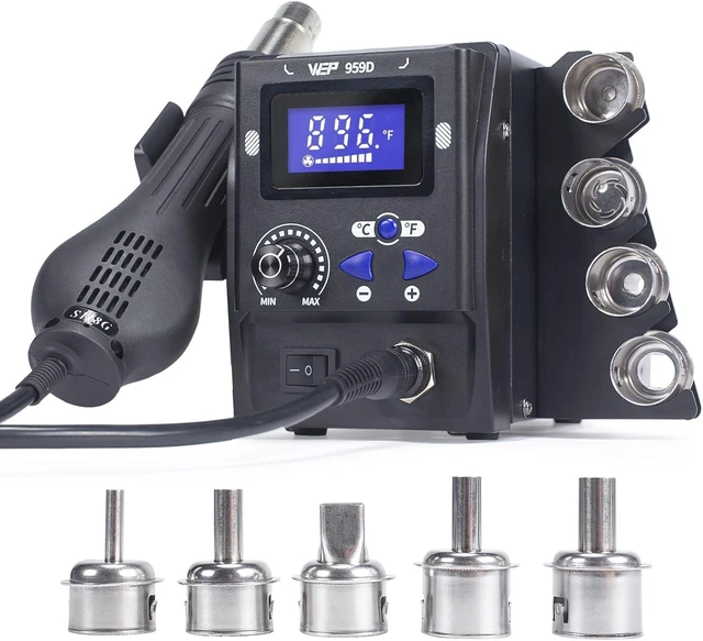 Main image of Hot Air SMD Soldering Rework Station with Quick-Change Nozzle System, Nozzle Holder, 5 Additional Nozzles, Adjustable Temperature, °C/°F Conversion and Buzzer Prompt