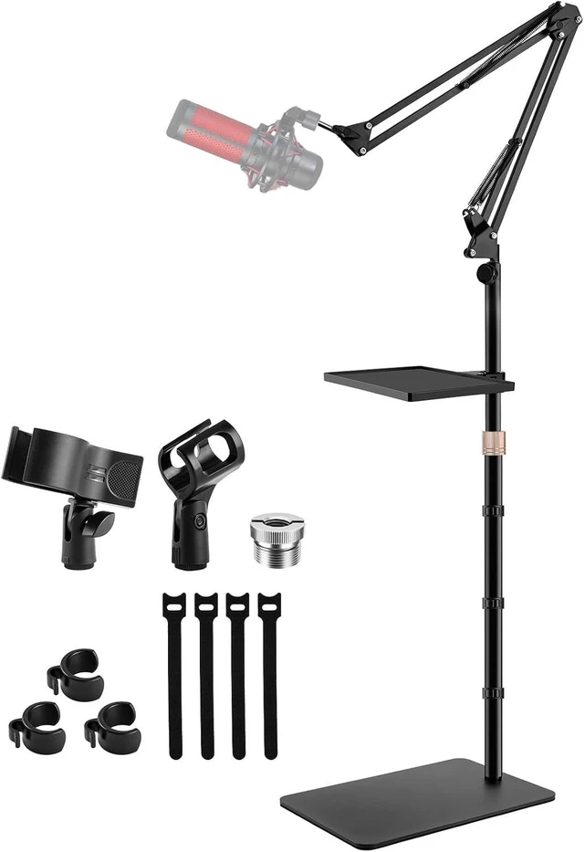 Main image of Microphone Stand Floor with Tray & Boom Arm, 5.5lbs Weighted Base Height Adjustable Studio/Podcast Mic Stand w/ 3/8'' to 5/8'' Adapter & 2 Mic Clips Compatible with Blue Yeti QuadCast AT2020