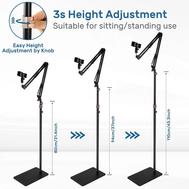 Alt view image 5 of 7 - Microphone Stand Floor with Tray & Boom Arm, 5.5lbs Weighted Base Height Adjustable Studio/Podcast Mic Stand w/ 3/8'' to 5/8'' Adapter & 2 Mic Clips Compatible with Blue Yeti QuadCast AT2020