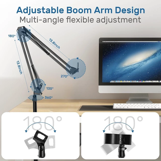 Alt view image 2 of 7 - Microphone Stand Floor with Tray & Boom Arm, 5.5lbs Weighted Base Height Adjustable Studio/Podcast Mic Stand w/ 3/8'' to 5/8'' Adapter & 2 Mic Clips Compatible with Blue Yeti QuadCast AT2020