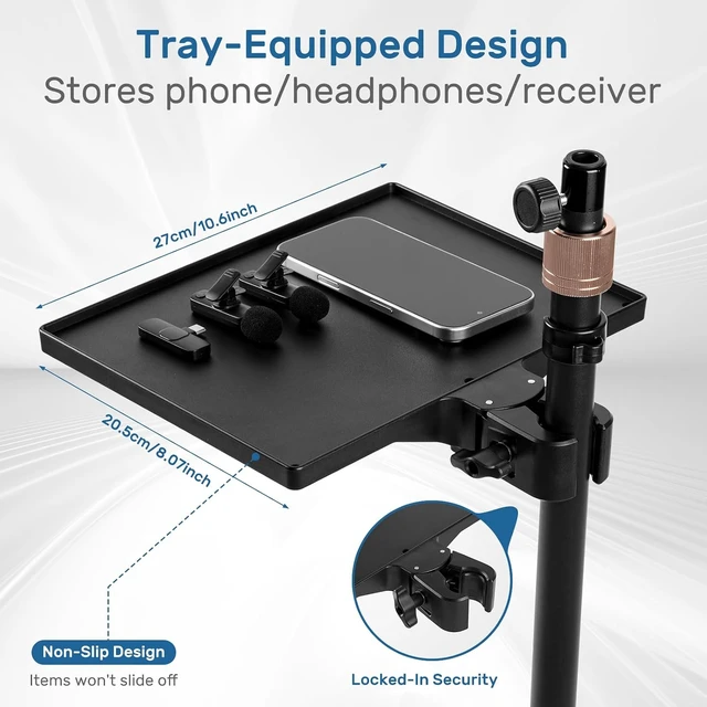 Alt view image 3 of 7 - Microphone Stand Floor with Tray & Boom Arm, 5.5lbs Weighted Base Height Adjustable Studio/Podcast Mic Stand w/ 3/8'' to 5/8'' Adapter & 2 Mic Clips Compatible with Blue Yeti QuadCast AT2020