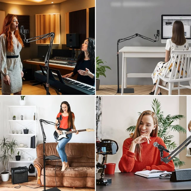 Alt view image 6 of 7 - Microphone Stand Floor with Tray & Boom Arm, 5.5lbs Weighted Base Height Adjustable Studio/Podcast Mic Stand w/ 3/8'' to 5/8'' Adapter & 2 Mic Clips Compatible with Blue Yeti QuadCast AT2020
