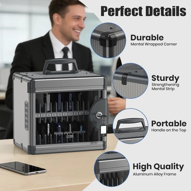 Alt view image 4 of 7 - 24 Slots Cell Phone Locker for Classroom with Key, Portable Mobile Phone Storage Box with Handle & Charging Hole, Phone Lock Box Wall Mounted for School (Black, 24 Slots)