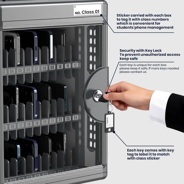 Alt view image 6 of 7 - 24 Slots Cell Phone Locker for Classroom with Key, Portable Mobile Phone Storage Box with Handle & Charging Hole, Phone Lock Box Wall Mounted for School (Black, 24 Slots)