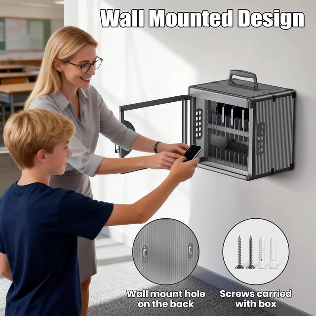 Alt view image 5 of 7 - 24 Slots Cell Phone Locker for Classroom with Key, Portable Mobile Phone Storage Box with Handle & Charging Hole, Phone Lock Box Wall Mounted for School (Black, 24 Slots)