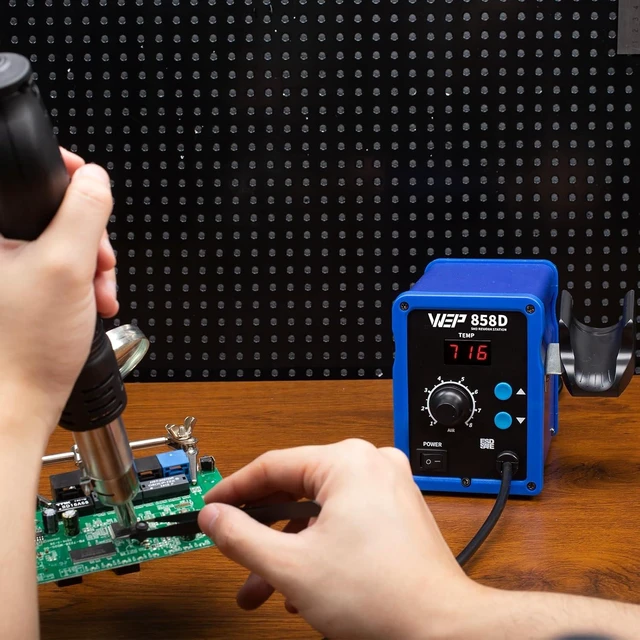 Alt view image 4 of 7 - 858D Hot Air Rework Soldering Station with Temperature Control, Adjustable Air Volume, Digital Display for SMD Soldering with 4 Extra Hot Air Nozzles