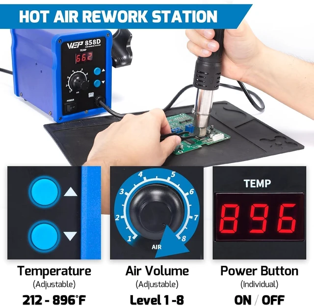 Alt view image 5 of 7 - 858D Hot Air Rework Soldering Station with Temperature Control, Adjustable Air Volume, Digital Display for SMD Soldering with 4 Extra Hot Air Nozzles