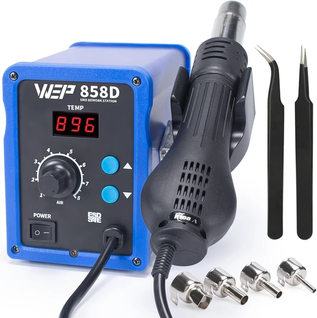 Main image of 858D Hot Air Rework Soldering Station with Temperature Control, Adjustable Air Volume, Digital Display for SMD Soldering with 4 Extra Hot Air Nozzles