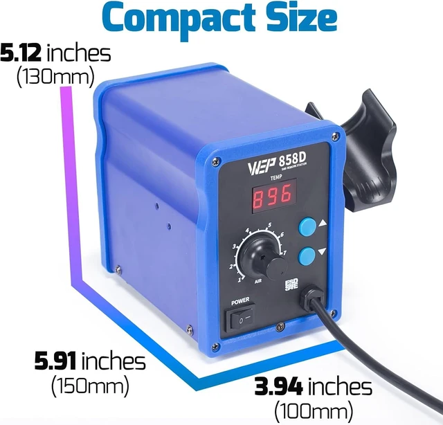 Alt view image 2 of 7 - 858D Hot Air Rework Soldering Station with Temperature Control, Adjustable Air Volume, Digital Display for SMD Soldering with 4 Extra Hot Air Nozzles
