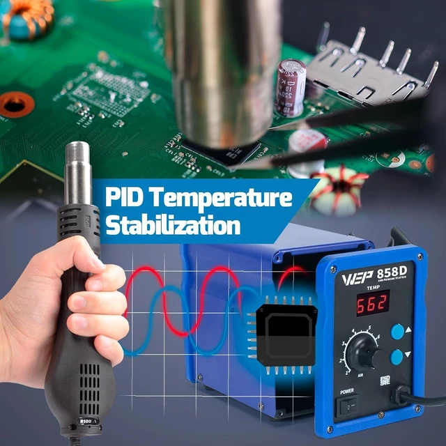 Alt view image 6 of 7 - 858D Hot Air Rework Soldering Station with Temperature Control, Adjustable Air Volume, Digital Display for SMD Soldering with 4 Extra Hot Air Nozzles