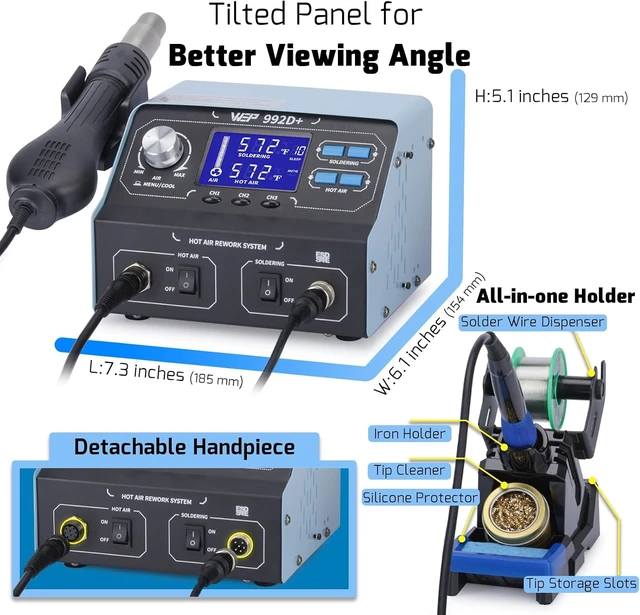 Alt view image 6 of 6 - 992D+ 2-in-1 Soldering Iron Kit and Hot Air Rework Station with 3 Preset Channels, LCD Display, Interchangeable Handles, Sleep Mode, X-2 Iron Holder, 5 Iron Tips, Desoldering Pump and Tweezers