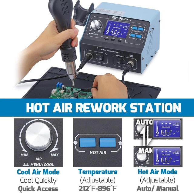 Alt view image 2 of 6 - 992D+ 2-in-1 Soldering Iron Kit and Hot Air Rework Station with 3 Preset Channels, LCD Display, Interchangeable Handles, Sleep Mode, X-2 Iron Holder, 5 Iron Tips, Desoldering Pump and Tweezers