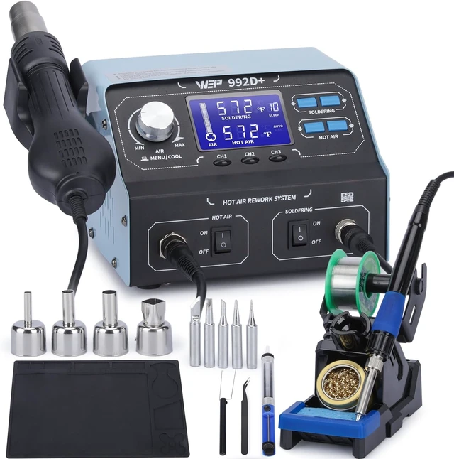Main image of 992D+ 2-in-1 Soldering Iron Kit and Hot Air Rework Station with 3 Preset Channels, LCD Display, Interchangeable Handles, Sleep Mode, X-2 Iron Holder, 5 Iron Tips, Desoldering Pump and Tweezers