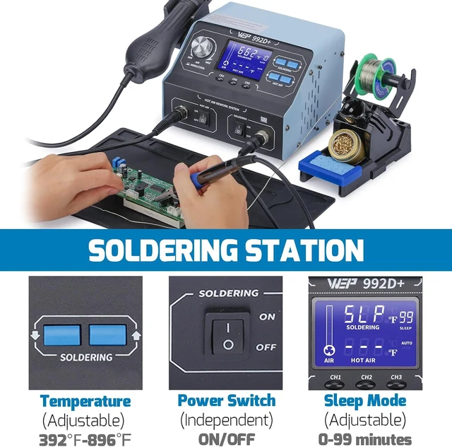Alt view image 4 of 6 - 992D+ 2-in-1 Soldering Iron Kit and Hot Air Rework Station with 3 Preset Channels, LCD Display, Interchangeable Handles, Sleep Mode, X-2 Iron Holder, 5 Iron Tips, Desoldering Pump and Tweezers