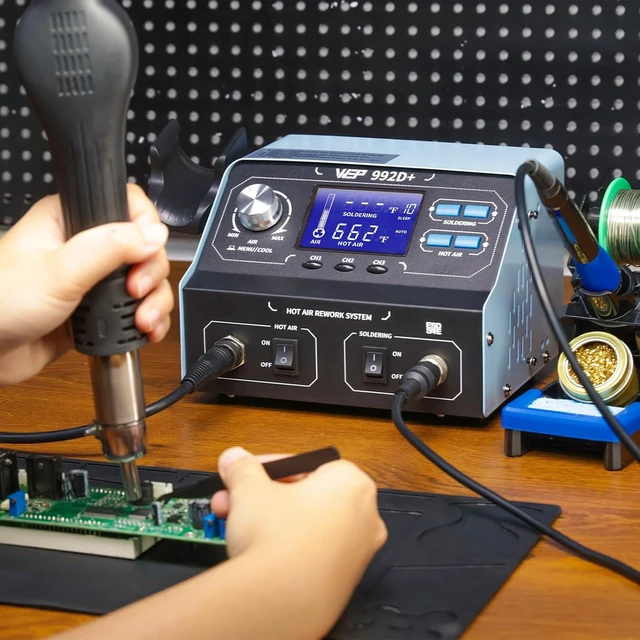 Alt view image 5 of 6 - 992D+ 2-in-1 Soldering Iron Kit and Hot Air Rework Station with 3 Preset Channels, LCD Display, Interchangeable Handles, Sleep Mode, X-2 Iron Holder, 5 Iron Tips, Desoldering Pump and Tweezers