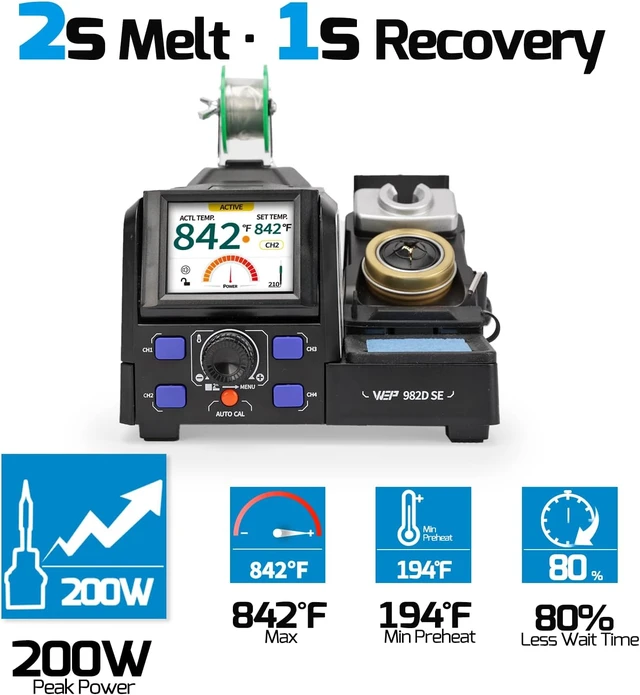 Alt view image 4 of 7 - 982D SE 200W 1S Heating Precision Soldering Iron Station for Electronics Repair & DIY with 4 C210 Tips, 194°F-842°F, 4 Preset Channels, Auto Temp. Calibration, Sleep Mode, °C/°F, ESD Safe