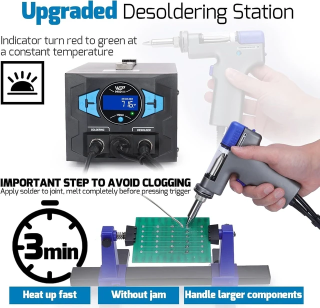 Alt view image 3 of 7 - 948D III Upgraded 2-IN-1 ESD Safe Soldering Desoldering Station with Fast-Heating Desoldering Gun & Soldering Iron, Sleep Mode, Automatic Shutdown, Temperature Calibration with 31 Pcs Accessories