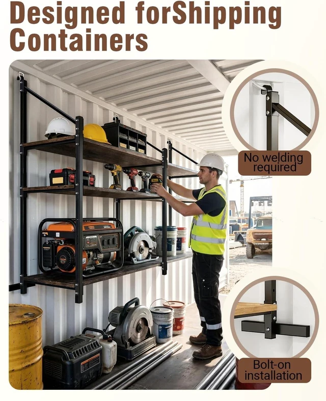 Alt view image 4 of 7 - Shipping Container Shelving Brackets, D-Ring Mount, 3-Tier, 2-Pack, Heavy-Duty Steel Rack Shelves Supports for DIY Cargo Container Shelf Storage of Tools Equipment in Garages Farms Workshops