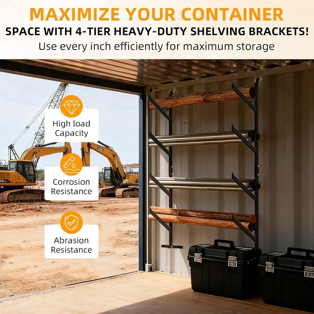 Alt view image 4 of 7 - 4 Pack Shipping Container Shelving Brackets, 67"H x 15"W Bracket Adjustable Heavy Duty Steel Cargo Shipping Container Shelves, 4-Tier Power Coated Shipping Container for Organization, Black