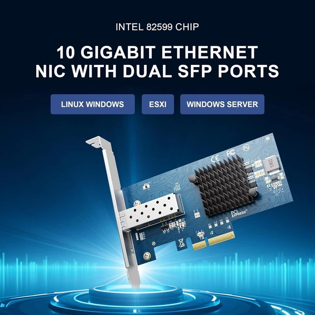 Alt view image 6 of 7 - 10Gb PCIe NIC Network Card, Intel 82599EN SFP+, X520-DA1 Compatible Single-port 10GbE adapter for NAS and servers, any-vendor DAC or fiber optics, x4 or x8 slot, low and full-height brackets