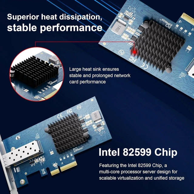 Alt view image 5 of 7 - 10Gb PCIe NIC Network Card, Intel 82599EN SFP+, X520-DA1 Compatible Single-port 10GbE adapter for NAS and servers, any-vendor DAC or fiber optics, x4 or x8 slot, low and full-height brackets