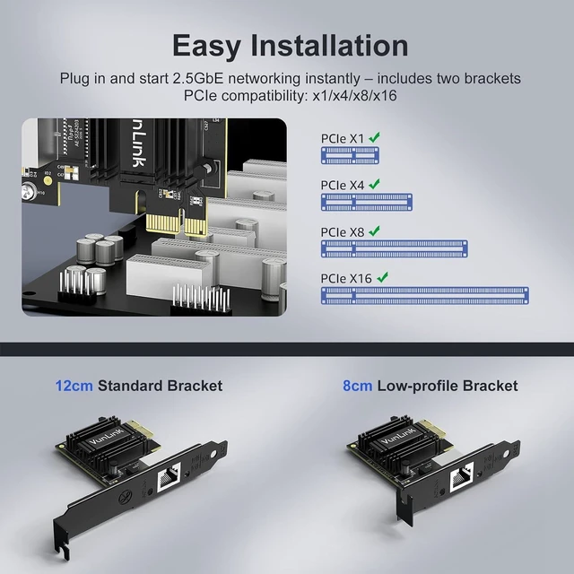 Alt view image 3 of 6 - 2.5Gb PCIe Network Card, Multi-Gigabit 2.5G Ethernet Card, Realtek RTL8125B LAN Adapter, 2.5Gbps/1Gbps/100Mbps NIC Card for Desktop PCs, Gaming, Windows & Linux Compatible