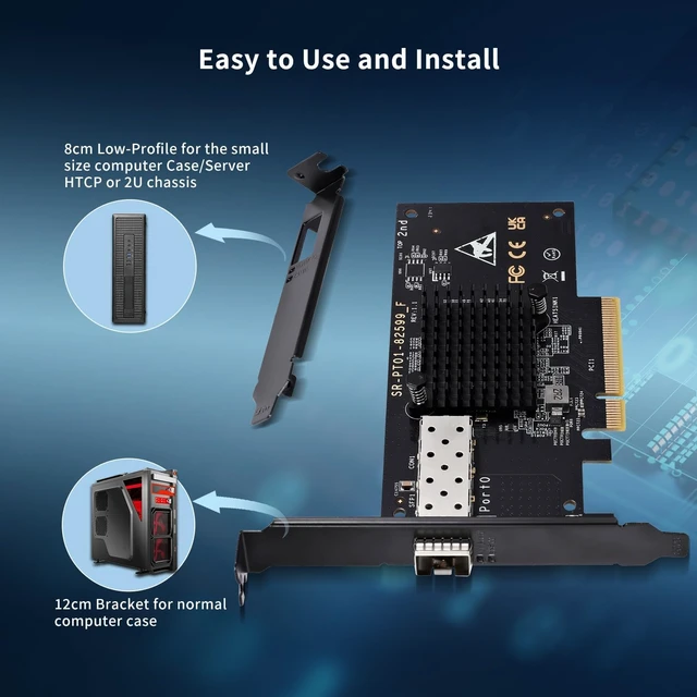 Alt view image 2 of 7 - 10Gb PCI-E NIC with 82599EN(X520-DA1) Controller, Single Port SFP+ PCI-E Network Card, Supports Windows/Windows Server/VMware