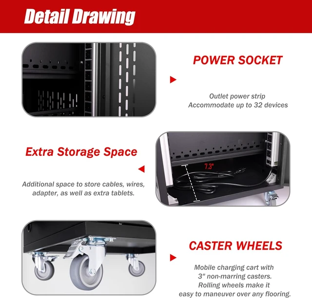 Alt view image 3 of 7 - 32-Bay Charging Cart for Chromebooks, Laptops, Tablets & iPads, Ideal Laptop Charging Station with Casters & Lockable Cabinet, Fits Devices Up to 15.6-Inch, Designed for Classroom, School