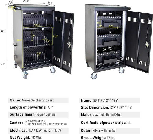 Alt view image 3 of 4 - 45-Bay Charging Cart for Chromebooks, Laptops, Tablets & iPads, Ideal Laptop Charging Station with Casters & Lockable Cabinet, Fully Assembled Frame, Designed for Classroom, School, Office