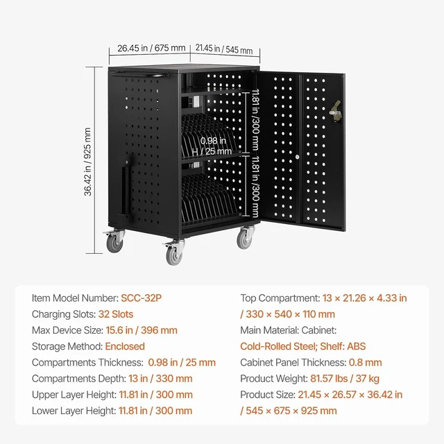 Alt view image 4 of 7 - Charging Cart, 32-Bay Mobile Charging Station, Max 15.6" Screen Size, Chromebook, iPads, Tablet and Laptop Charging Cart for Office and Classroom, Plug-and-Play, Easy Setup