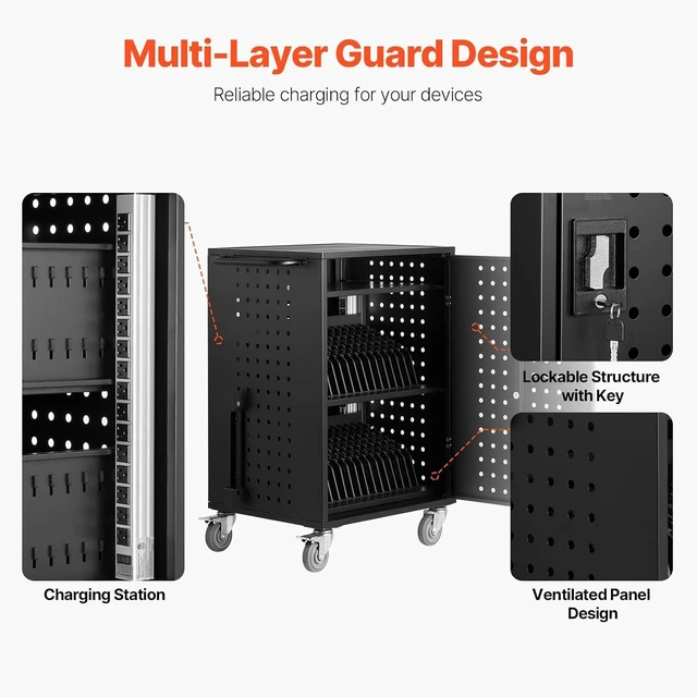 Alt view image 5 of 7 - Charging Cart, 32-Bay Mobile Charging Station, Max 15.6" Screen Size, Chromebook, iPads, Tablet and Laptop Charging Cart for Office and Classroom, Plug-and-Play, Easy Setup