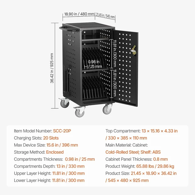 Alt view image 4 of 7 - Laptop Cart, 20 Device Mobile Charging Cart, Up to 15.6" Screen Size Office and Classroom Charging Station for Chromebook, iPads, Tablet and Laptop, Plug-and-Play, Easy Setup