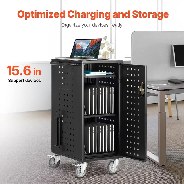 Alt view image 5 of 7 - Laptop Cart, 20 Device Mobile Charging Cart, Up to 15.6" Screen Size Office and Classroom Charging Station for Chromebook, iPads, Tablet and Laptop, Plug-and-Play, Easy Setup