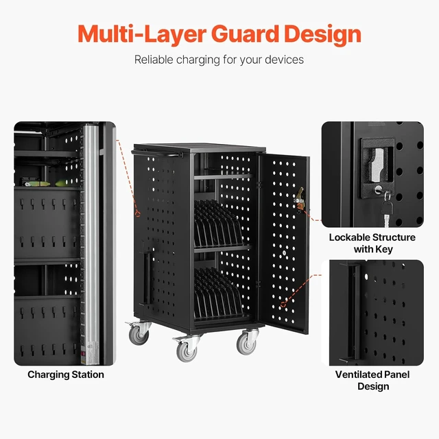 Alt view image 2 of 7 - Laptop Cart, 20 Device Mobile Charging Cart, Up to 15.6" Screen Size Office and Classroom Charging Station for Chromebook, iPads, Tablet and Laptop, Plug-and-Play, Easy Setup